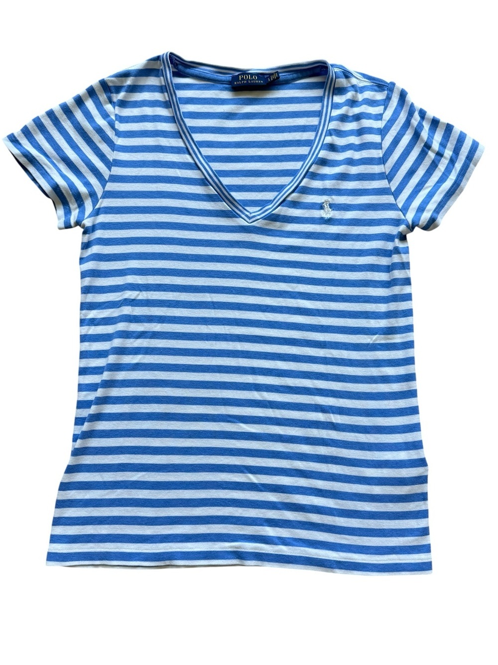 Polo Ralph Lauren Blue Stripe V Neck Tee Coastal Preppy Old Money Quiet Luxury L